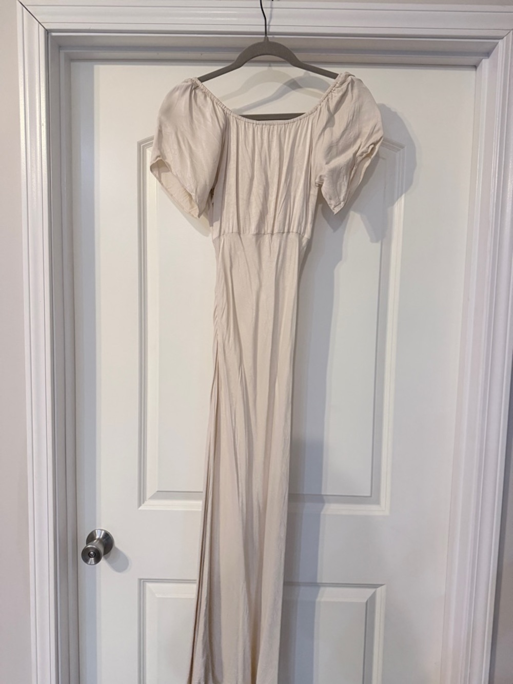 Off-Shoulder Cream Satin Maxi Dress - Picture 9 of 10